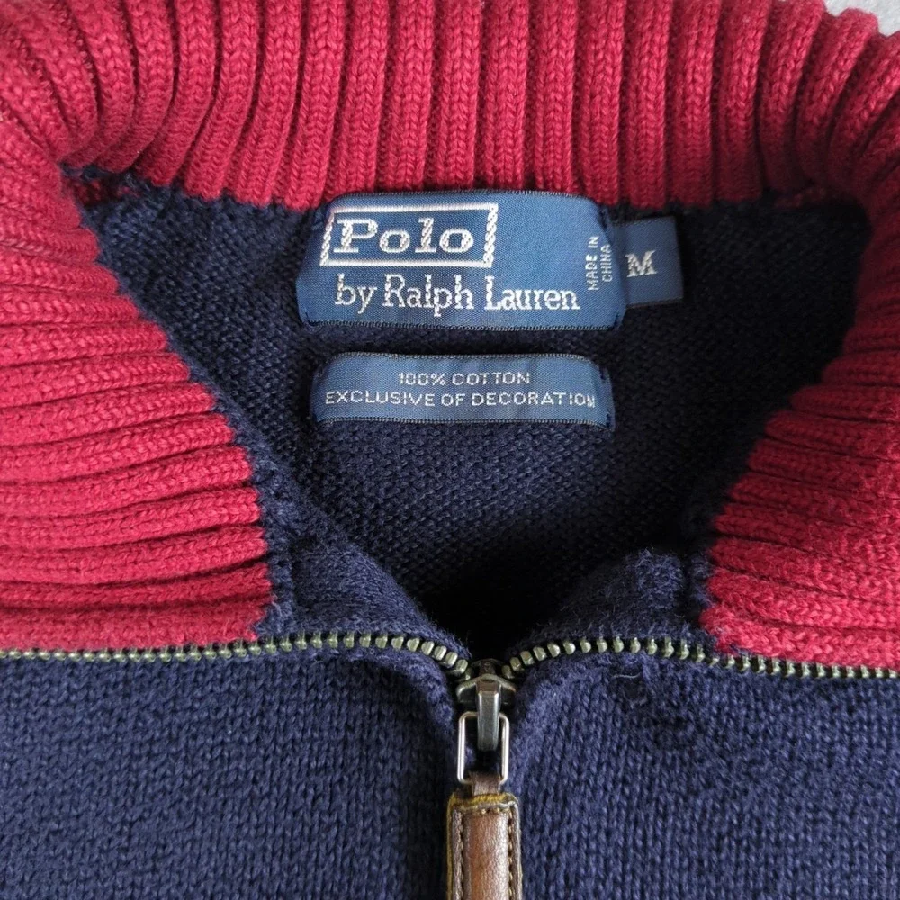 Vintage Polo Ralph Lauren 1/4 Zip Sweater Mens Medium Blue Red Striped Sleeve